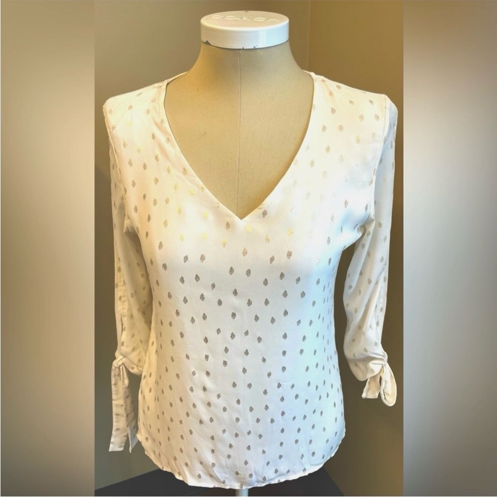 Punto Roma V-neck cream and gold blouse Bow Sleeves Sz S
